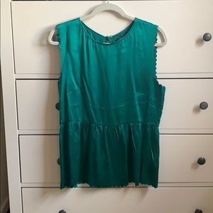 Madewell Silk Green Top Scalloped Sleeves size L